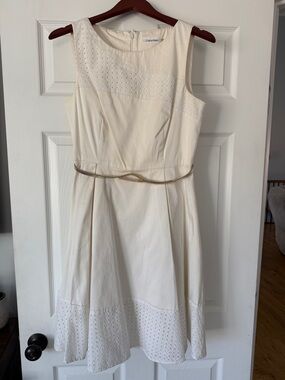 Calvin Klein Ivory Eyelet Fit-and-Flare Midi Dress with Gold Accent